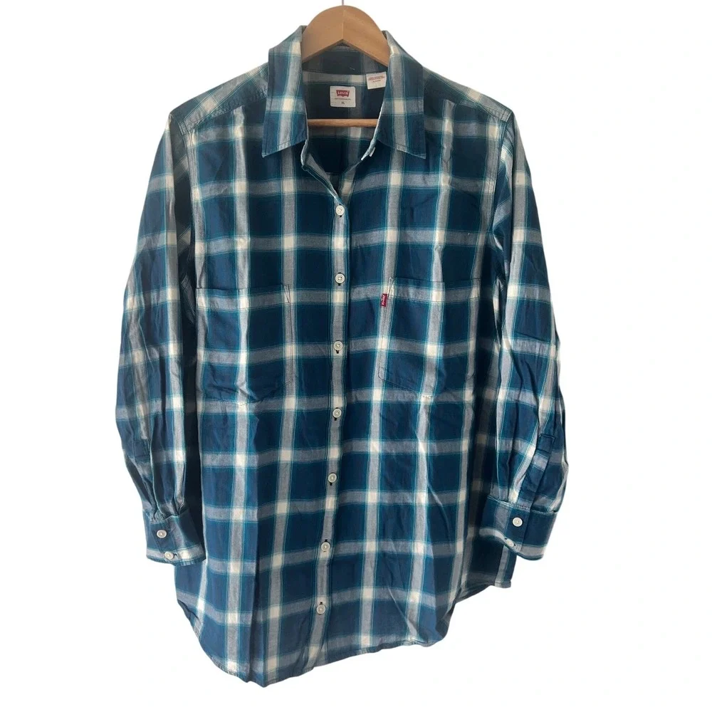 Levis Mens XL Blue Plaid Button Down Shirt Long Sleeve Cotton Casual Workwear